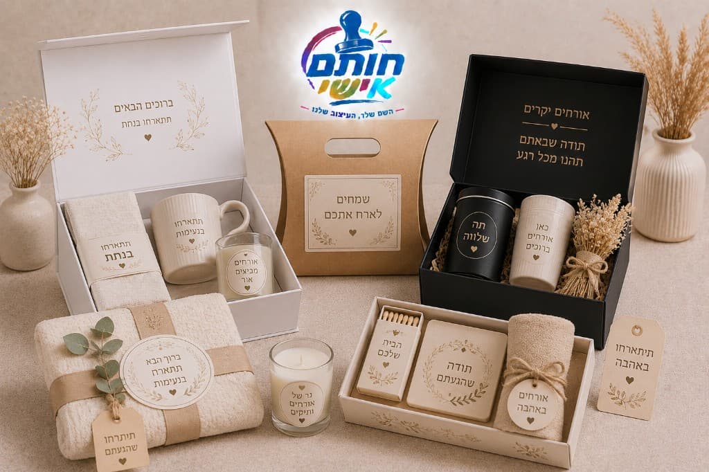 מארזי אירוח ממותגים של חותם אישי — קופסאות, מגבות ונרות עם ברכות אישיות