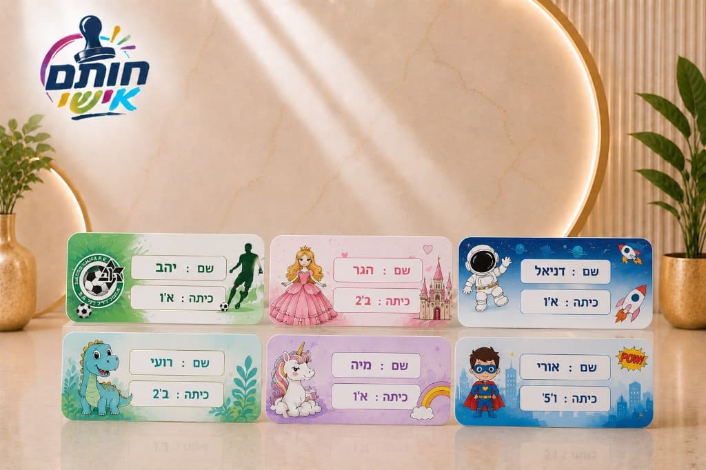 מדבקות שם ממותגות עם שם וכיתה